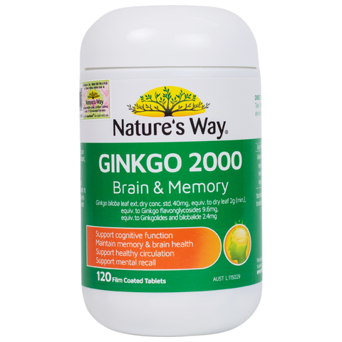 Viên uống Ginkgo 2000 Brain & Memory Nature's Way Úc - Hỗ trợ tăng cường trí nhớ và chức năng nhận thức cho người trưởng thành - 120 viên