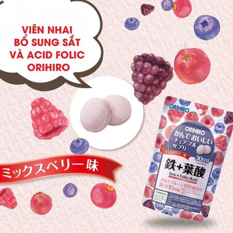 Viên Bổ Sung Sắt và Axit Folic Orihiro Nhật Bản - Viên Nhai Hỗ Trợ Bổ Máu, Dinh Dưỡng Cho Phụ Nữ Mang Thai và Cải Thiện Sức Khỏe