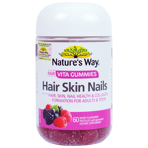 Kẹo Dẻo Hỗ Trợ Đẹp Da Tóc Móng Nature's Way Hair Skin Nails 60 Viên - Bổ Sung Vitamin C, E, Biotin và Kẽm Cho Làn Da Khỏe Mạnh