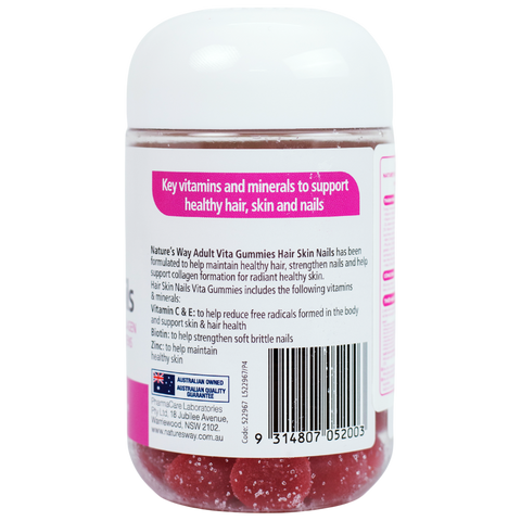 Kẹo Dẻo Hỗ Trợ Đẹp Da Tóc Móng Nature's Way Hair Skin Nails 60 Viên - Bổ Sung Vitamin C, E, Biotin và Kẽm Cho Làn Da Khỏe Mạnh