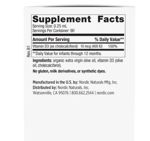 Siro Vitamin D3 Nordic Naturals Mỹ cho trẻ sơ sinh - Hỗ trợ phát triển xương và hệ miễn dịch, dạng lỏng, không mùi vị, 22.5ml