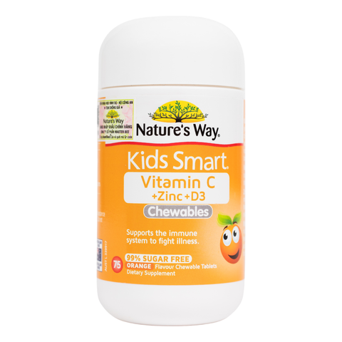 Viên Nhai Bổ Sung Vitamin C + Kẽm + D3 Nature's Way Cho Bé - Hỗ Trợ Tăng Cường Sức Khỏe Và Đề Kháng, Hương Vị Cam Ngon, Dành Cho Trẻ Từ 2 Tuổi