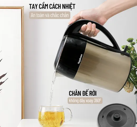 Ấm Đun Nước Siêu Tốc Nagakawa NAG0315 1.8 Lít - Công Suất 1800W, Thiết Kế Inox 304, Chống Cạn Nước, Đế Xoay 360 Độ, An Toàn Cho Gia Đình