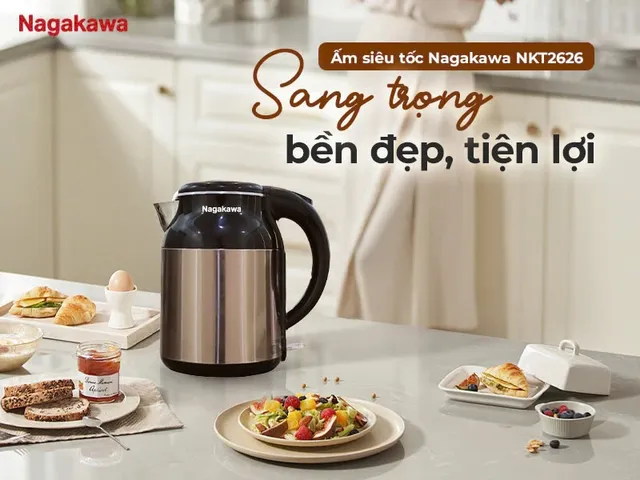 Ấm Siêu Tốc Nagakawa NKT2626 1.8L - Công Suất 1500W, Inox 304 Chống Cạn, Đế Xoay 360 Độ, Lưới Lọc Bã Trà Thông Minh