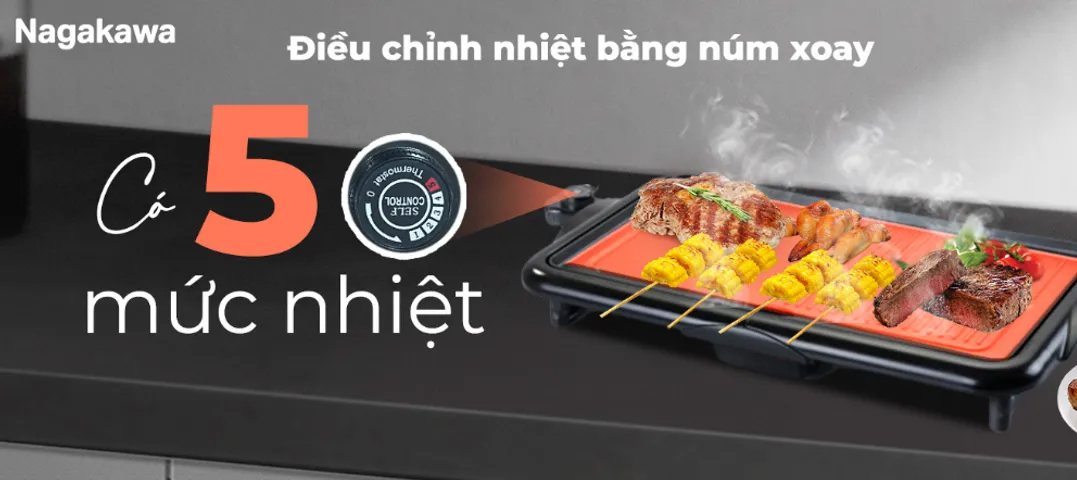 Bếp Nướng Điện Nagakawa NAG3105 2000W - Chống Dính Teflon, 5 Mức Nhiệt Độ, Tự Ngắt Quá Nhiệt - Thiết Kế Gọn Nhẹ, Tiện Lợi