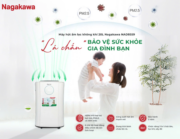 Máy Hút Ẩm Lọc Không Khí Nagakawa NAD8559 20L - Công Suất 20L/ngày, Phù Hợp Diện Tích 35-40m², Lọc Bụi Mịn HEPA H13