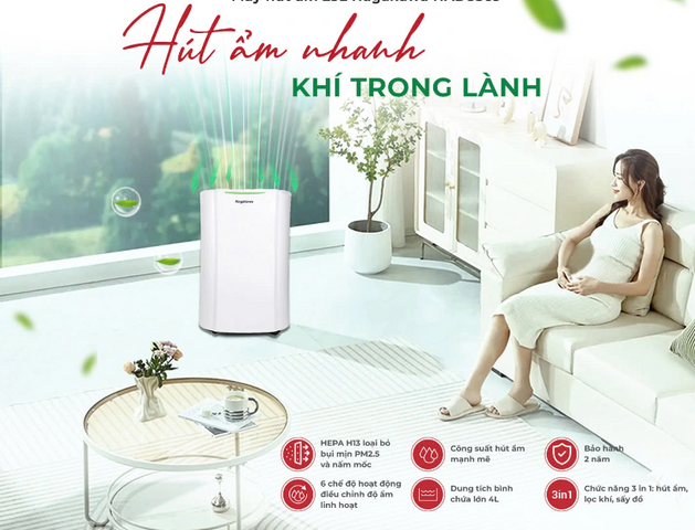 Máy Hút Ẩm Lọc Không Khí Nagakawa NAD8569 25L - Công Suất 25L/ngày, Tích Hợp Lọc HEPA H13, Phù Hợp 40-50m², Chức Năng Sấy Quần Áo
