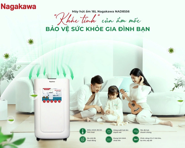 Máy Hút Ẩm Nagakawa NAD8556 16L - Công Suất 370W, Nhằm Giảm Độ Ẩm Hiệu Quả Cho Phòng 25-30m², Tính Năng Sấy Quần Áo