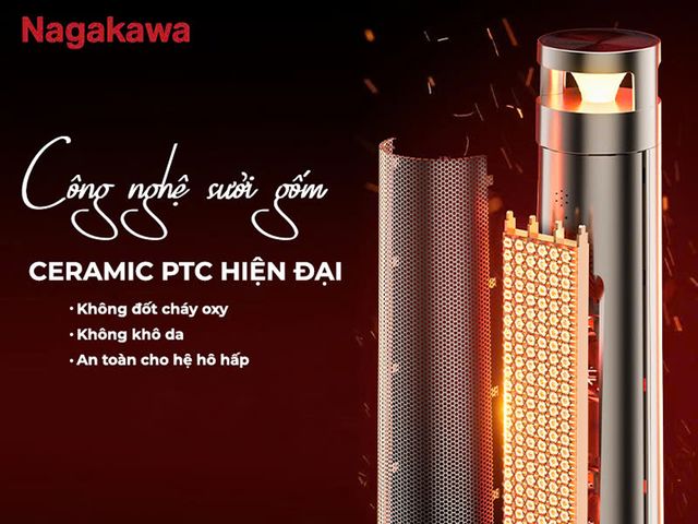 Máy Sưởi Gốm Nagakawa NEH8389 2000W - Tiết Kiệm Điện, Điều Khiển Từ Xa, Hẹn Giờ 12h, Công Nghệ PTC, An Toàn Khi Sử Dụng
