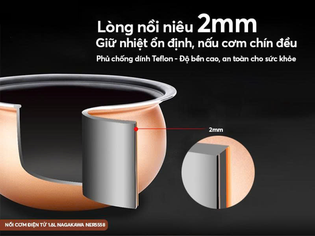 Nồi cơm điện đa năng Nagakawa NER5558 1.8L - Công suất 900W, 10 chế độ nấu, chống dính Teflon, tiện lợi cho gia đình 4-6 người