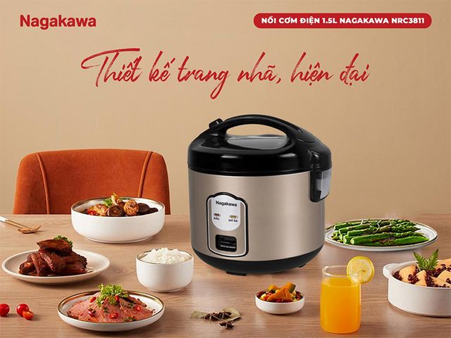 Nồi Cơm Điện Nagakawa NRC3811 1.5L - Thiết Kế Gọn Nhẹ, Nấu Cơm Ngon Cho Gia Đình 3-5 Người, Chức Năng Giữ Ấm, Dễ Dàng Sử Dụng