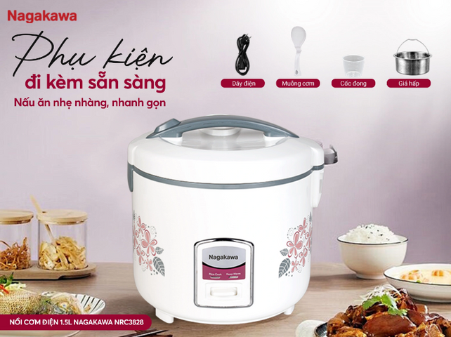 Nồi cơm điện Nagakawa NRC3828 1.5L 700W - Thiết kế nhỏ gọn, công nghệ ủ ấm 3D, phù hợp gia đình 3-5 người