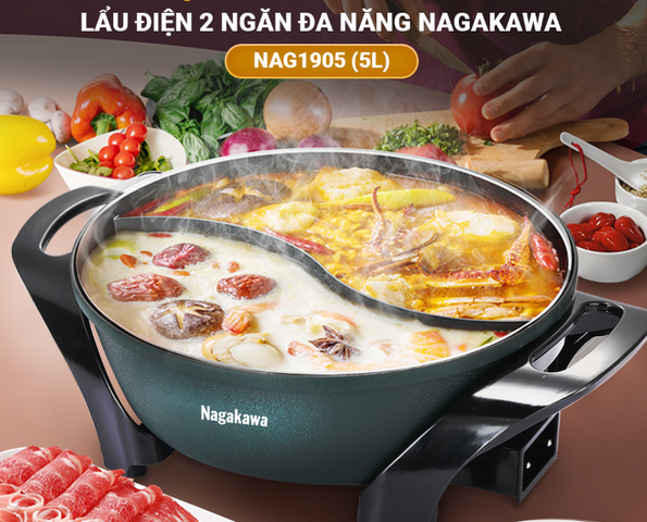 Nồi Lẩu Điện 2 Ngăn Nagakawa NAG1905 Dung Tích 5L - Đun Nhanh, Điều Chỉnh Nhiệt Độ 5 Mức, Tiện Dụng Cho Mọi Gia Đình