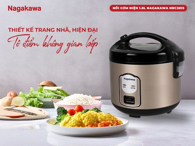 Nồi Cơm Điện Nagakawa NRC3815 1.8L - Nắp Gài, Chống Dính, Dành Cho 4-6 Người, Đèn Báo, Bộ Xửng Hấp Tiện Lợi