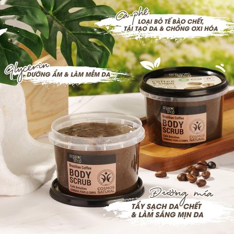 Tẩy Tế Bào Chết Toàn Thân Organic Shop 250ml - Sữa Tắm Đựng Đường Nâu, Dầu Dừa, Dưỡng Ẩm Da Rạng Rỡ