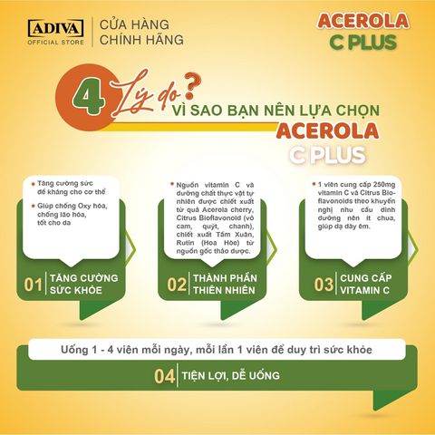 Viên Uống Bổ Sung Vitamin C Adiva Acerola C Plus 60 Viên - Tăng Cường Sức Đề Kháng, Chống Oxy Hóa, Tốt Cho Da từ Quả Acerola Nhật Bản