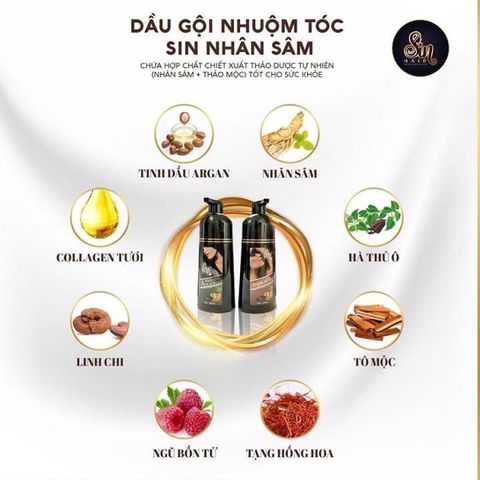 Dầu Gội Phủ Bạc Nhân Sâm Sin Hair - Nhuộm Tóc Đen/Nâu Tự Nhiên 500ml, Giúp Phục Hồi Tóc Hư Tổn và Ngăn Rụng Tóc