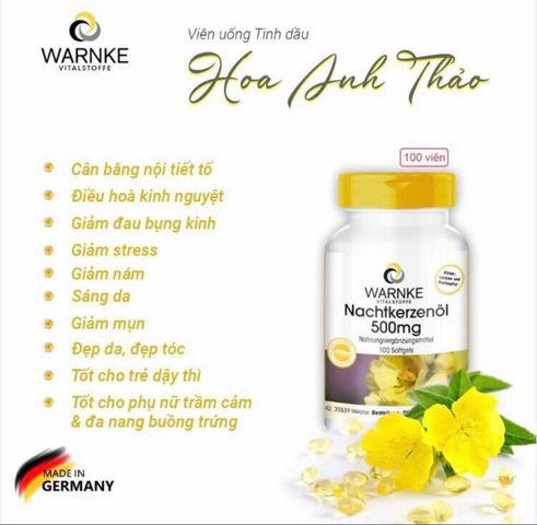 Tinh Dầu Hoa Anh Thảo Warnke Nachtkerzenöl 500mg - Hỗ Trợ Sức Khỏe Da và Tóc, 100 Viên, Xuất Xứ Đức