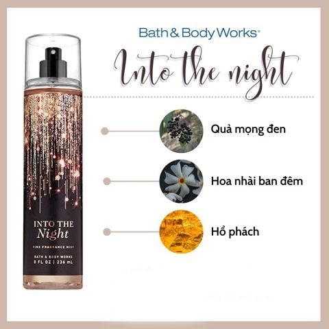Xịt Thơm Toàn Thân Mini Bath & Body Works Into The Night 236ml - Hương Hổ Phách, Hoa Hồng, Mâm Xôi Đen, Xạ Hương, Phù Hợp Đi Học & Dự Tiệc