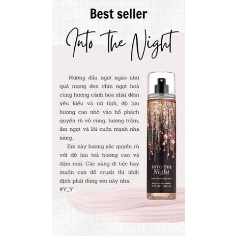Xịt Thơm Toàn Thân Mini Bath & Body Works Into The Night 236ml - Hương Hổ Phách, Hoa Hồng, Mâm Xôi Đen, Xạ Hương, Phù Hợp Đi Học & Dự Tiệc