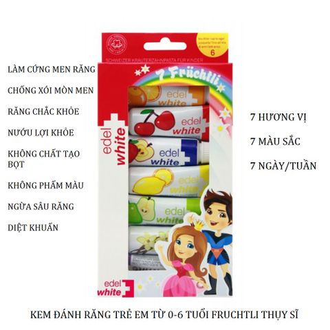Kem Đánh Răng Cho Bé Edelwhite “7 Früchtli” Thụy Sĩ 0-6 Tuổi - Trắng Răng, Ngăn Ngừa Sâu Răng, Hương Vị Trái Cây Tươi Mát
