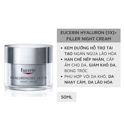 Kem Dưỡng Ban Đêm Eucerin Hyaluron 3X+ Filler 50ml - Chăm Sóc Da Chống Lão Hóa, Cấp Ẩm, Ngăn Ngừa Nếp Nhăn