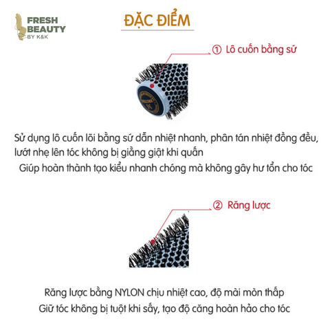 Lược tròn BRITISH M Hot Curling Ceramic Brush tạo lọn xoăn, độ phồng