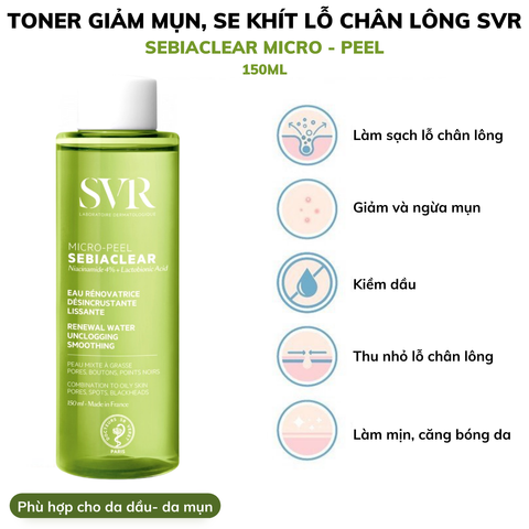 Nước Hoa Hồng SVR Sebiaclear Micro Peel 150mL - Giúp Làm Sạch Da, Ngăn Mụn Và Giảm Thâm Cho Da Dầu Nhạy Cảm