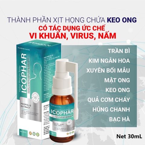 Xịt họng Xuyên Tâm Liên Icophar 30ml có chứa Keo ong Bạc Hà