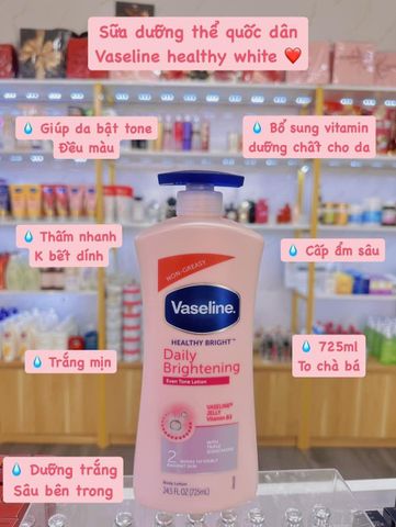 Sữa Dưỡng Thể Vaseline Healthy Bright 725ml - Dưỡng Trắng, Cấp Ẩm, Thẩm Thấu Nhanh, Hương Thơm Tự Nhiên, Giúp Da Mịn Màng Hằng Ngày