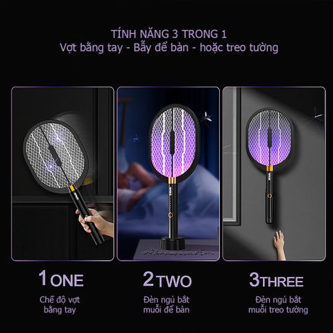 Vợt Bắt Muỗi MiKaKo V36D 3 In 1 - Thiết Bị Diệt Muỗi Thông Minh, Pin Sạc 1200mAh, Chống Giật, Đèn Bẫy Muỗi Tự Động