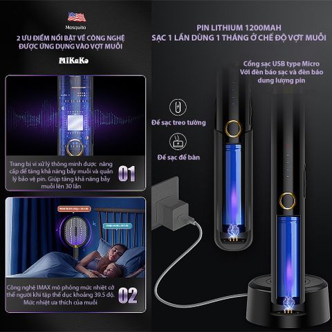 Vợt Bắt Muỗi MiKaKo V36D 3 In 1 - Thiết Bị Diệt Muỗi Thông Minh, Pin Sạc 1200mAh, Chống Giật, Đèn Bẫy Muỗi Tự Động