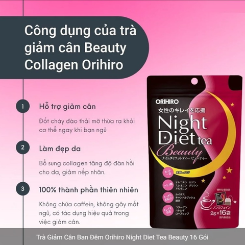Trà Giảm Cân Ban Đêm Nhật Bản Orihiro - Hỗ Trợ Đốt Mỡ, Cải Thiện Da, 16 Gói Lọc Thảo Dược Thảo Mộc 32g