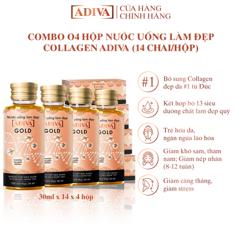 Combo 04 hộp Nước Uống Làm Đẹp Collagen ADIVA Gold (14 Chai/Hộp)