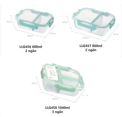 Hộp Thủy Tinh Chia Ngăn Lock&Lock 600ml, 860ml, 1040ml - Hộp Đựng Thức Ăn Chịu Nhiệt, Thiết Kế Đẹp Màu Mint, Sử Dụng Trong Lò Vi Sóng