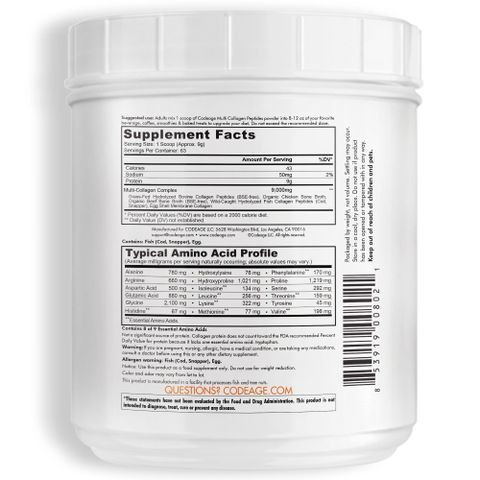 Bột Collagen Codeage Hydrolyzed Multi Collagen Peptides 567g - Sản phẩm bổ sung collagen thủy phân, có 5 loại collagen cần thiết cho sức khỏe da và khớp