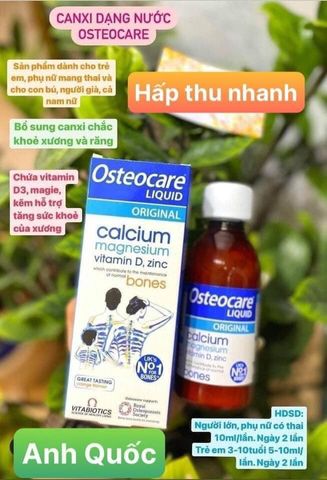 Canxi Nước Osteocare 200ml - Bổ Sung Canxi Dạng Lỏng Cho Bé Từ 3 Tuổi - Chứa Vitamin D3, Kẽm, Magie Tăng Cường Miễn Dịch