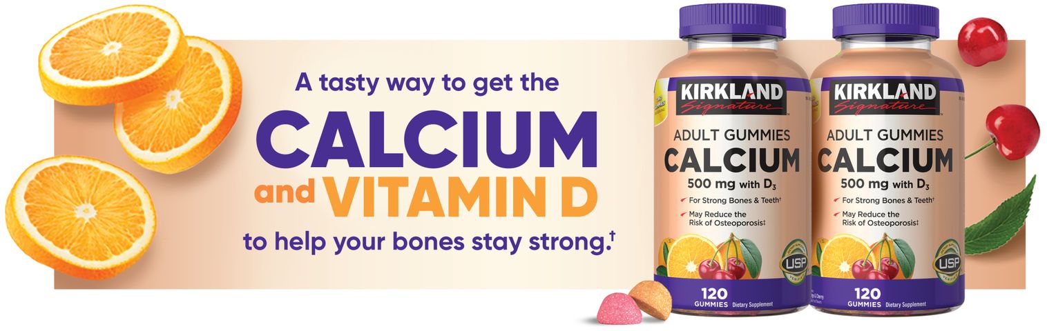 Kẹo dẻo bổ sung Canxi KIRKLAND 500mg với D3 - Hương vị cam và anh đào, hỗ trợ xương khỏe mạnh, 120 viên cho người lớn