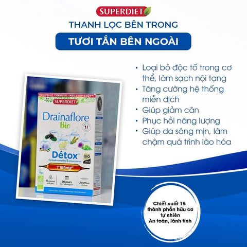 Nước uống detox thanh lọc cơ thể 5in1 Détox Drainaflore Bio 20 Ống
