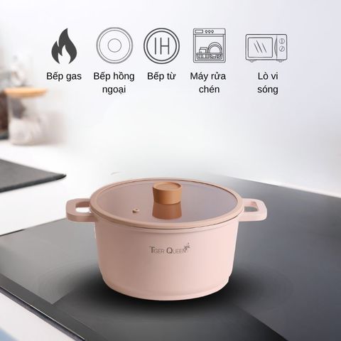 Nồi hầm Ceramic 24cm Tiger Queen CWCP-24CH - Chống dính, tiết kiệm nhiên liệu, sử dụng bếp từ, gas, hồng ngoại - Nắp kính chịu nhiệt