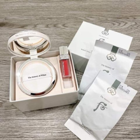Set phấn nước Whoo Radiant Whitening & Moisture Glow Cushion với son kem màu 45 - Dưỡng trắng, che khuyết điểm, chống nắng SPF50+