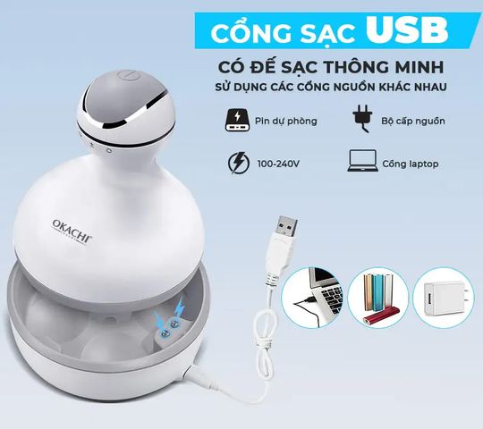 Máy Massage Đầu Cầm Tay Okachi Luxury JP-M210 - Thiết Bị Chăm Sóc Sức Khỏe 3D, Chống Thấm Nước, Đế Sạc Thông Minh, Hẹn Giờ Tự Động