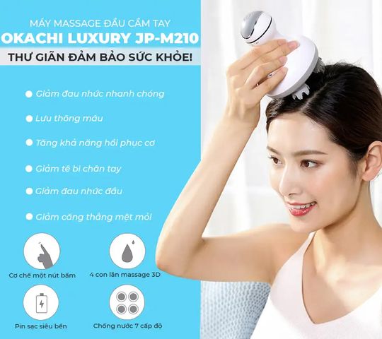 Máy Massage Đầu Cầm Tay Okachi Luxury JP-M210 - Thiết Bị Chăm Sóc Sức Khỏe 3D, Chống Thấm Nước, Đế Sạc Thông Minh, Hẹn Giờ Tự Động