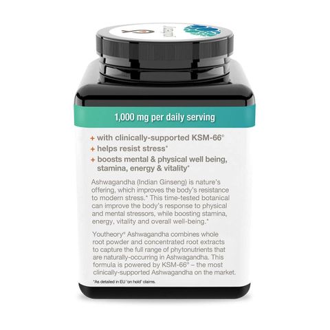 Viên uống nhân sâm Ấn Độ Youtheory Ashwagandha 1000mg - 180 viên tăng cường sức khỏe, giảm căng thẳng, cải thiện tinh thần