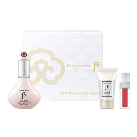 Bộ Mỹ Phẩm The History of Whoo: Kem Nền Chống Nắng SPF45, Sữa Rửa Mặt Dưỡng Trắng, Son Kem Lỳ Hồng Nude 18