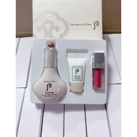 Bộ Mỹ Phẩm The History of Whoo: Kem Nền Chống Nắng SPF45, Sữa Rửa Mặt Dưỡng Trắng, Son Kem Lỳ Hồng Nude 18