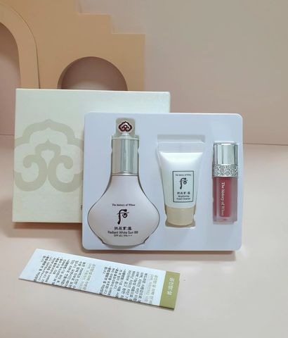 Bộ Mỹ Phẩm The History of Whoo: Kem Nền Chống Nắng SPF45, Sữa Rửa Mặt Dưỡng Trắng, Son Kem Lỳ Hồng Nude 18