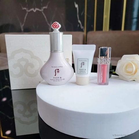 Bộ Mỹ Phẩm The History of Whoo: Kem Nền Chống Nắng SPF45, Sữa Rửa Mặt Dưỡng Trắng, Son Kem Lỳ Hồng Nude 18