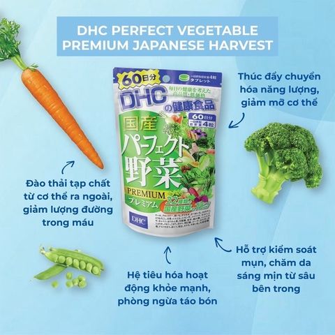 Viên uống DHC Rau Củ Quả Tổng Hợp Premium 240 Viên - Bổ Sung Chất Xơ và Vitamin Từ 32 Loại Rau, Hỗ Trợ Tiêu Hóa và Làm Đẹp Da