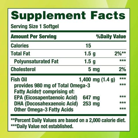 Viên uống dầu cá Nature’s Bounty Fish Oil 1400mg - Bảo vệ sức khỏe tim mạch, chứa Omega-3 EPA DHA, 130 viên an toàn và hiệu quả.